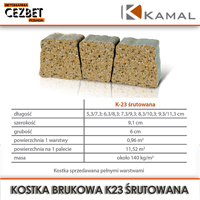 Wymiary kostki brukowej Kamal z betonu o śrutowanej powierzchni K23